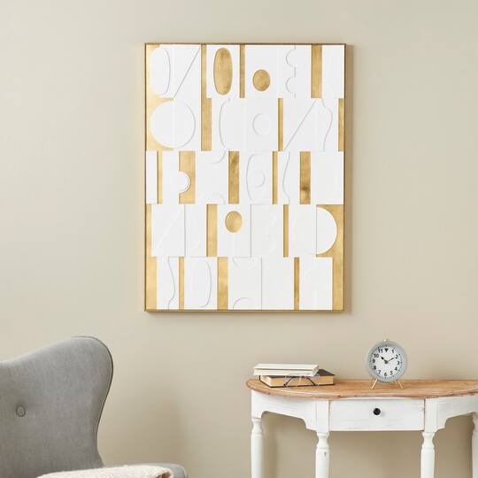 30" x 39" White Wooden Abstract Geometric Shape Framed Wall Art with Gold Accents
